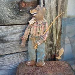 Primitive Folk Art Bear with Fishing Pole - Country, Lodge or Cabin Decor